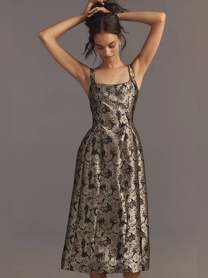 Anthropologie Maeve Green Gold Floral Jacquard Fit And Flare Midi Dress